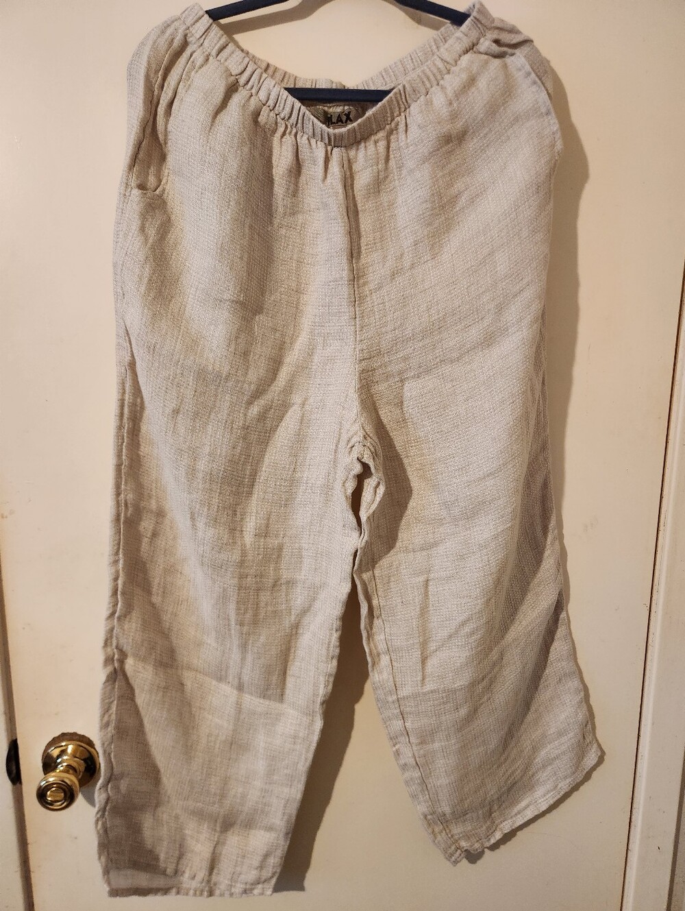 Flax Neutral Beige Wide Leg Elastic-Waist Linen Pull-On Pants (M)